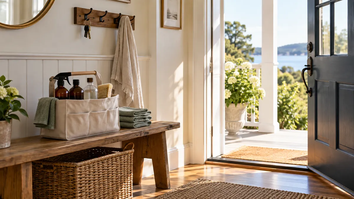 A tidy entryway with a canvas cleaning caddy on a bench and the front door open to the porch