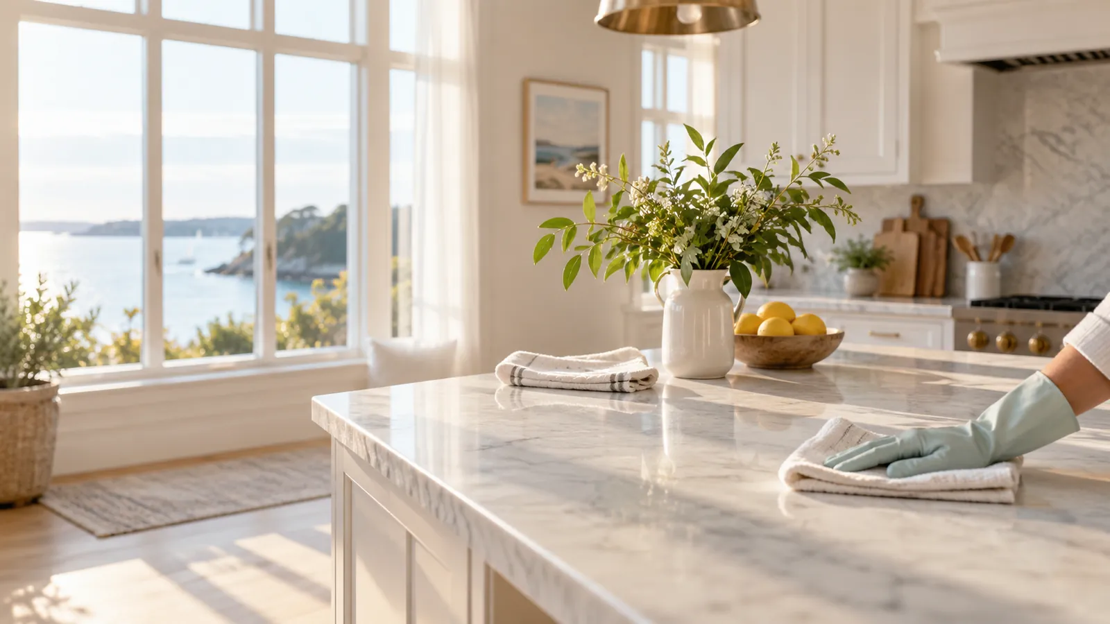 A bright, freshly cleaned coastal kitchen with a gloved hand wiping the marble counter